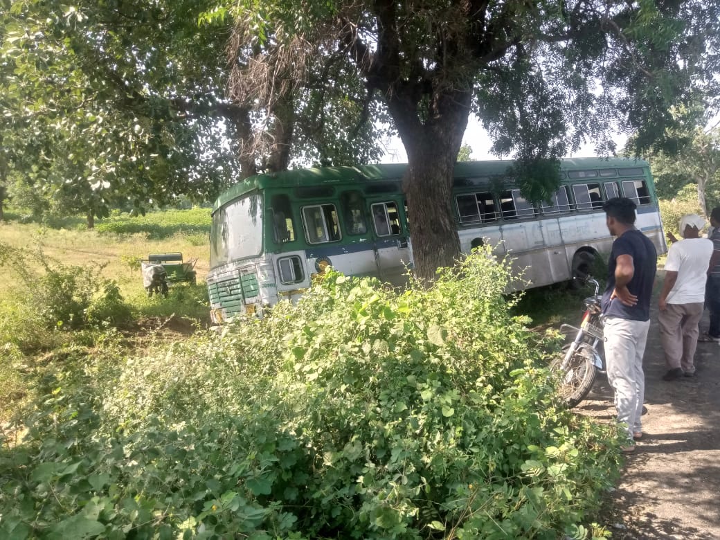 नजर हटी दुर्घटना घटी; ड्रॉयव्हरची नजर चुकता बरोबर बस गेली झाडावर.मोठा अपघात टळला.